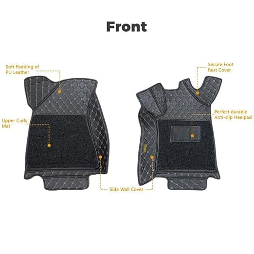 Image of 7D Luxury Car Mats for Mg Hector Plus (7 Seater)| Ultra-Premium PU Leather | Waterproof, Dustproof & Anti-Slip | Custom Fit All-Weather Floor Mats | Color : Black & Silver