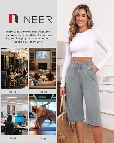 Neer 3 Pack Women's Capri Pants, Drawstring Wide Leg Crop Lounge Sweatpants Summer Yoga Casual Cropped Pants with Pocket(Black, Light Gray, Navy Blue,Medium) — view 3