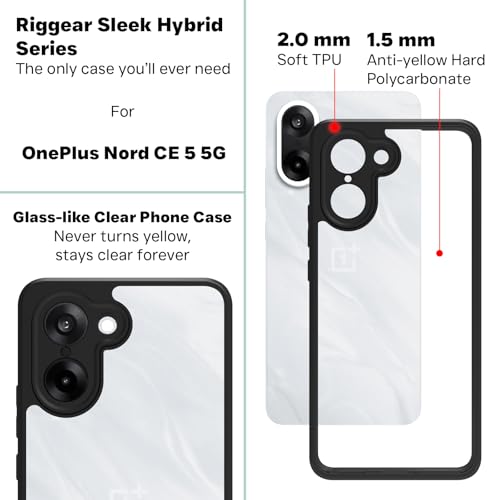 Image of RIGGEAR Shockproof Sleek Hybrid Armor Back Cover Case for OnePlus Nord CE5 / Nord CE 5 5G (Clear PC and Black TPU Bumper)