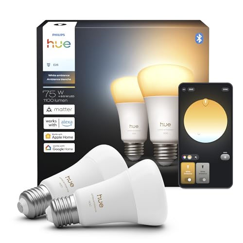 Philips Hue Smart LED A19 Bulb 2-Pack, White Ambiance, E26 Base, 9.5W, Full Spectrum Light...