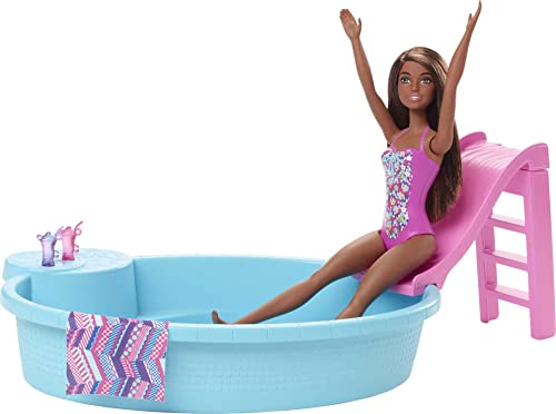 Barbie Doll And Pool Playset With Pink Slide, Beverage Accessories And Towel, Brunette Doll In Floral Swimsuit #TOP3