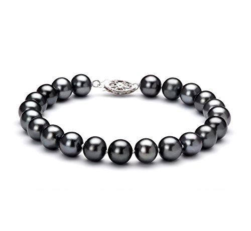 Black 7.5-8.5mm AA Quality Freshwater 925 Sterling Silver Cultured Pearl Bracelet For Women