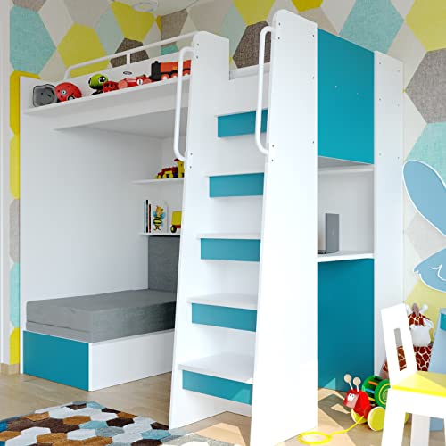 Marlux-Meble Hochbett JSM-7 90x200 TREPPE RECHTS mit Schreibtisch Schränke...