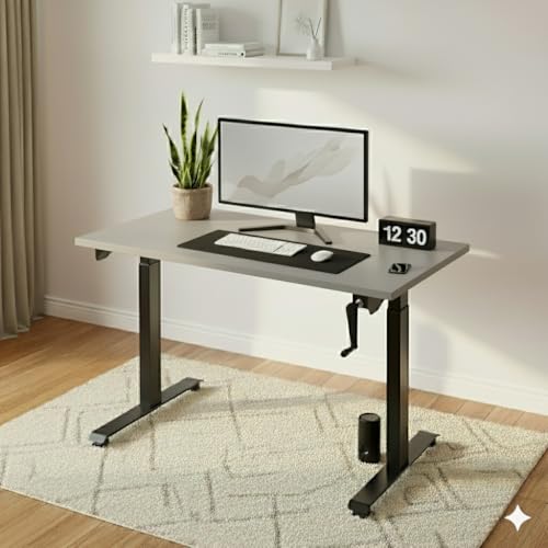 Image of Manual Height Adjustable Desk | 120x60 cm Grey Top, 18mm Thick | Black Frame | 60kg Capacity | Smooth Hand Crank | 2-Year Warranty | Sturdy Steel Frame | Ergonomic Home & Office Use