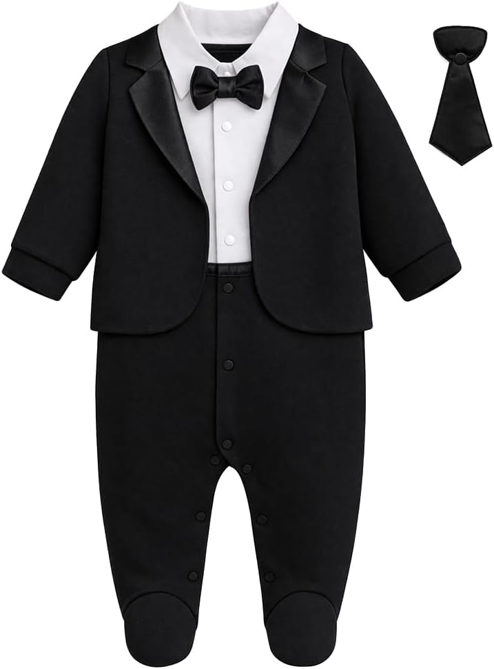 Lilax Baby Boy Gentleman Tuxedo Footie One-piece Outfit with Bow Tie
