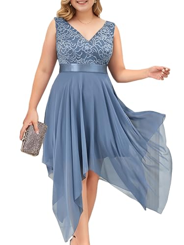 Image of Ever-Pretty Plus Women's V Neck Sleeveless Asymmetric Hem Lace Chiffon Short Summer Plus Size Wedding Guest Dresses Dusty Blue US14