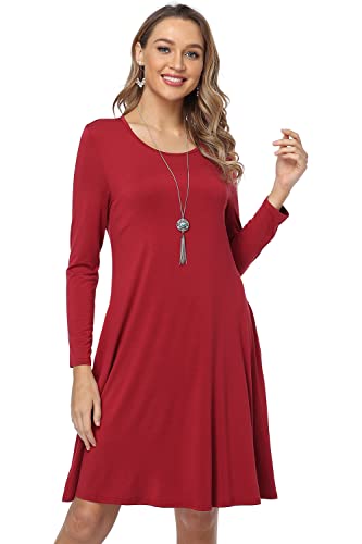 VISHOP Lässiges Langarm-T-Shirt-Kleid für Damen, knielang, lockere Kleider, fließendes Swing-Kleid mit Taschen, Wein, X-Groß