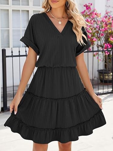 Image of PerZeal Women's Casual V Neck Short Sleeve Tiered Dress Ruffle Hem A-Line Flowy Swing Midi Dresses