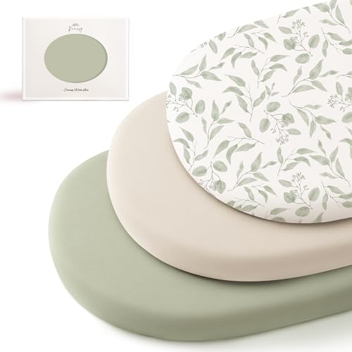 Image of Konssy 3 Pack Stretchy Bassinet Sheets for Baby Girl Boy, Soft Breathable Baby Bassinet Mattress Sheets Fit for Hourglass Oval Cradle, Moses Basket Rectangle Mattress (Green Leaves)