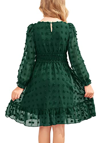 Hopeac Little Girls Green Dress Fall Swiss Dot Long Lantern Sleeve Frock Casual Holiday Chiffon Elastic Pleated Skater Dresses #TOP5