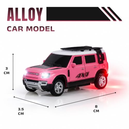 Image of 1:64 Scale RC 4x4 SUV Alloy Die-Cast Remote Control Car - 2.4GHz Rechargeable Off-Road Crawler with LED Lights | Roof Rack Spare Tire for Kids 6+ Years (Pink)