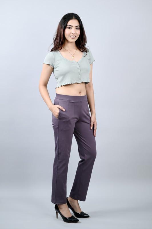 Image of Mlada Straight Fit Cigarette Pencil Pants Elastic Waist Band Mid High Waist Formal Office Trousers for Women, Pockets for Travel Stretch Cotton Knit Full Length Regular /Plus Size