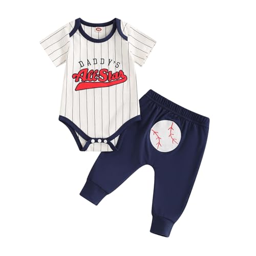 Image of Omkzanbi Baby Boy Baseball Outfit Daddy's All Star Stripe Bodysuit Baseball Pants 2Pcs Father's Day Coming Home Outfit 0-18M (White, 3-6 Months)