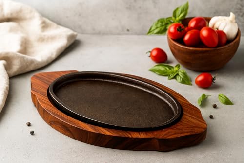 Image of REMARKABLE Iron Sizzler Plate with Wooden Base | Dessert Ovel Serving Platter with Handles | Brownie Sizzler Tray for Cake | Sizzling Brownie Plate | Hot Sizzling Plate | 13 inch | Set of 1