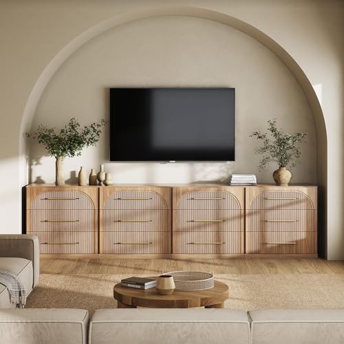 Image of BELLEZE Set of 4 Fluted Modular Sideboard Cabinet, 130'' Classic Modern Buffet Cabinet with 3 Drawers, Accent Credenza Cabinet for Living Room Kitchen Entryway (Camel)