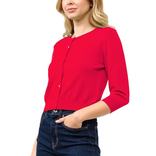 Image of Women's Cropped Cardigan 3 /4 Sleeve Crewneck Button Up Sweater Knit Top (S~XL)