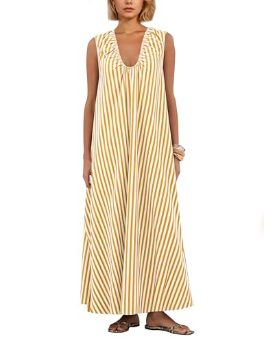 Image of Women Sleeveless Ruched Maxi Dress Scoop Neck Long Elegant Dresses Wide Shoulder Strap Blouse Dress with Side Pockets