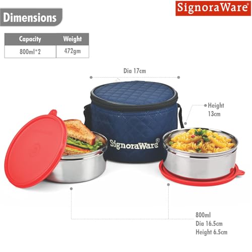 Image of SignoraWare Big Meal Stainless Steel Container Set | Airtight & Leakproof | Durable & Rust-Free | Ideal for Office, School, Home & Outdoor Use (800ml+800ml | Set of 2 | Red)