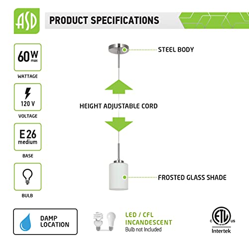 Asd Pendant Lighting For Kitchen Island, E26 Medium Base, Indoor Hanging Light Fixture With Adjustable Cord, Single Pendant Light Frosted Glass Shade, Satin Nickel Finish, Etl Listed #TOP1