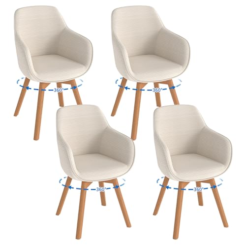 LEWE Chaises Salle à Manger Lot de 4 Pivotantes avec Accoudoirs, Pivotantes à 360°, Chaise Cuisine Moderne Velours Côtelé, Pieds et Dossier Bois pour...
