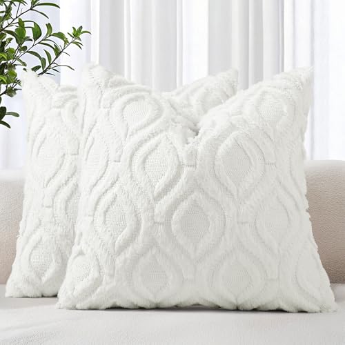decorUhome Throw Pillow Covers 26x26 Inch Set of 2, Soft Plush Decorative Faux Fur Cream White Solid Couch Pillow Covers, Accent Farmhouse Neutral Square Euro Pillow Cases for Sofa Bed Living Room