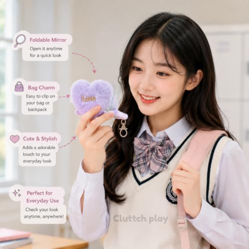 Image of Cute Plush Foldable Mirror Bag Charm for Girls | Bunny & Heart Kawaii Keychain Mirror | Korean Aesthetic Backpack Pendant | Gift for Girlfriend, Daughter & Best Friends (Plush Mirror)