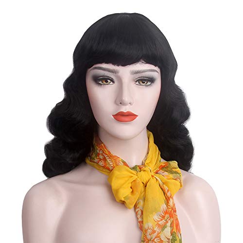 STfantasy Finger Wave Wigs 1920s Curly Jet Black with Bangs Long Synthetic Fashion Hair Style