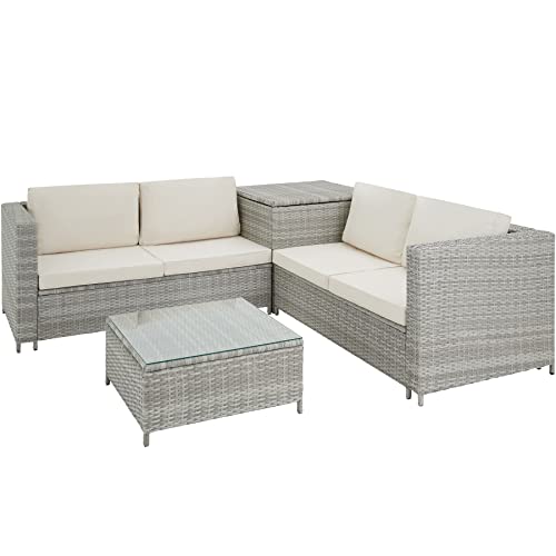 TecTake 800678 Salon de Jardin 4 Personnes en résine tressée, 2 Canapés modulables, Coffre de Rangement et Table Basse en Verre Inclus – Plusieurs Couleurs Disponibles (Gris Clair/crème)