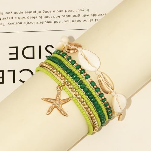 Image of Shell Anklets Bracelet for Women Waterproof Surfer Starfish Bracelet Puka Shell Anklet Colorful Boho Stack Stretch Bead Bracelet Set Hawaii Summer Beach Vacation Foot Jewelry