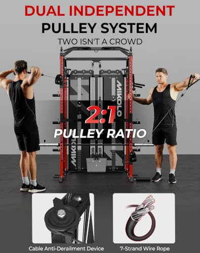 Image of Mikolo Smith Machine with Weight Stack, Power Cage Home Gym System with LAT Pulldown & Cable Crossover, Multi-Functional Trainer with Dual Pulley System, Includes 10+ Free Attachments