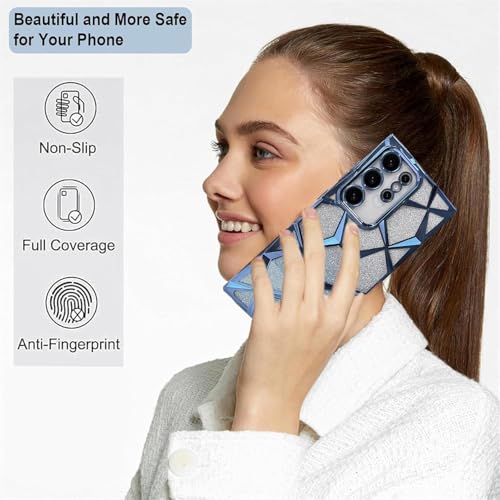 Image of VONZEE Gradient Glitter Clear Case for Samsung S25 Ultra, Luxury Electroplated 3D Cube, Diamond Bling Shiny Soft TPU Clear Shockproof Women Girls Protective Phone Cover (Sierra Blue)
