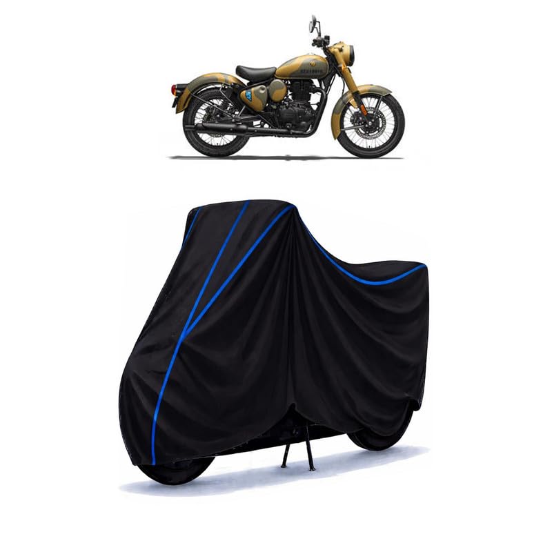 Image of Classic 350 Signals Bike Cover Water Resistant Universal Motorcycle Rain | Heavy Duty UV Protection, Dust, Scratch Indoor Outdoor All Weather with Black Blue Piping Elastic