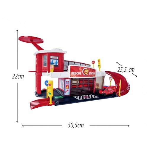 Dickie Toys 212050038 Feuerwehrstation, Launcher und Feuerwehrauto die cast Renault Master 7,5cm, 50x25x22cm