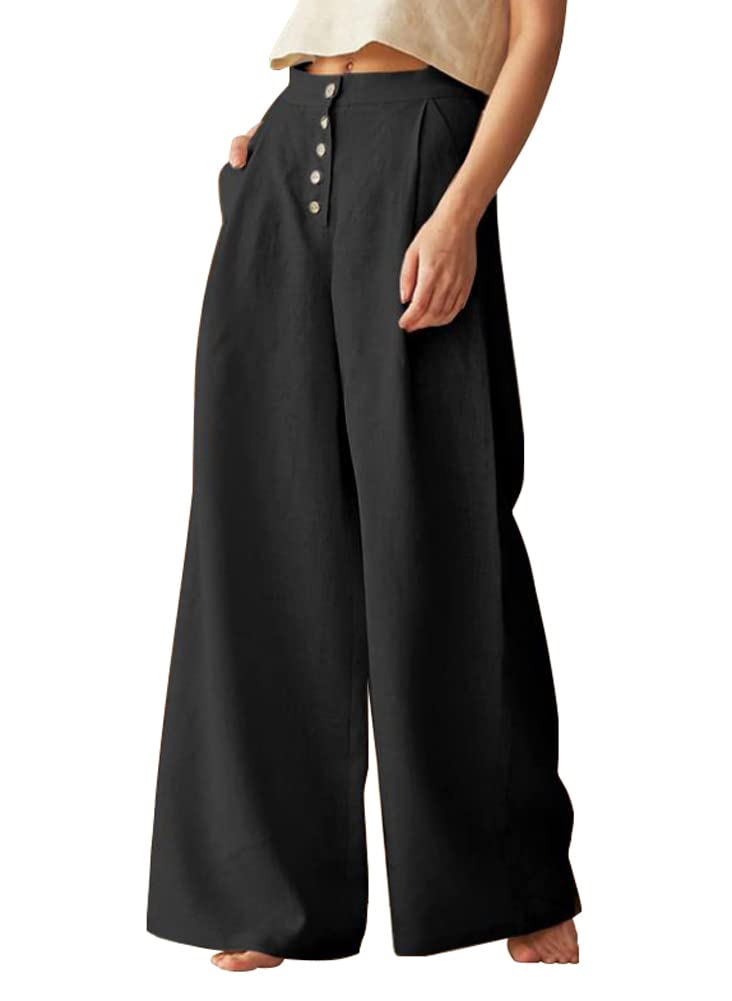 chouyatou Womens Summer High Waisted Cotton Linen Palazzo Wide Leg Casual Pants with Pockets