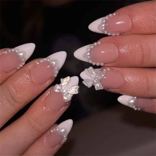 Image of Secret Lives Acrylic Press on Nails Reusable Artificial Designer Fake Nails Extension Pink 24 Pieces Set with Kit (White Pearl, Pink)
