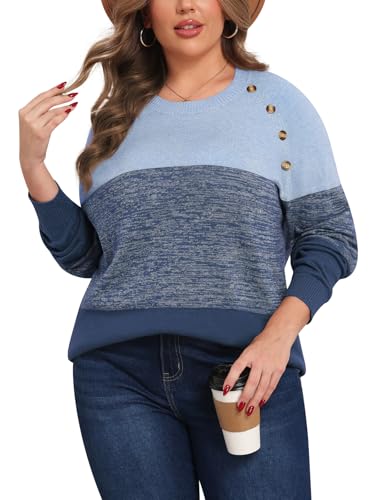 TIANZHU Plus Size Sweater for Women Colorblock Long Sleeve Crewneck Casual Loose Pullover Shirt Fall Top