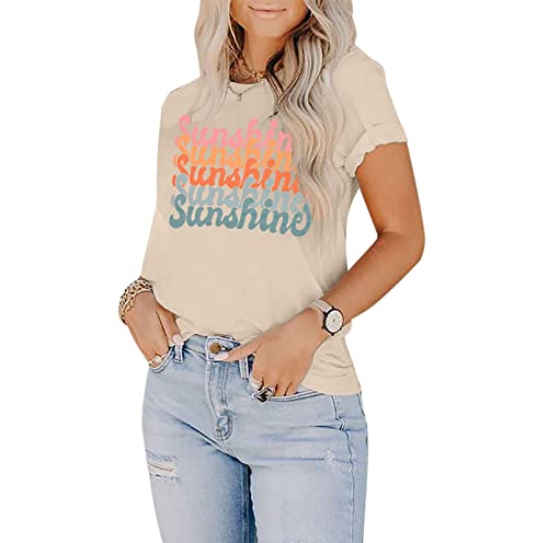Women Sunshine Graphic Tshirts Funny Colorful Letter Print Tee Shirt Short Sleeve Summer Casual Tee Tops (Apricot, X-Large, X_L) #TOP1