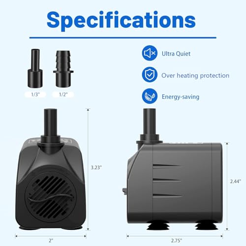 Image of Knifel Submersible Water Pump, Ultra Quiet 200GPH Fountain Pump | 5.2ft High Lift Over Heating Protection, Water Pump for Fish Tank, Small Pond, Aquarium, Hydroponics