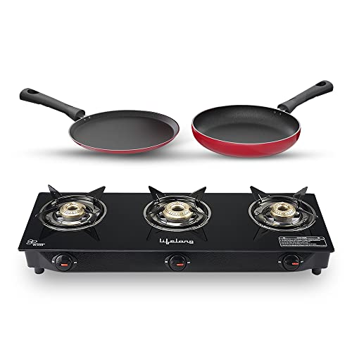 Lifelong LLCMBGS913 High Efficiency 3 Burner Auto Ignition Glass Top Gas Stove For LPG Use With Dosa Tawa And Fry Pan Combo (Black) For Rs. 2020 @ 81 %