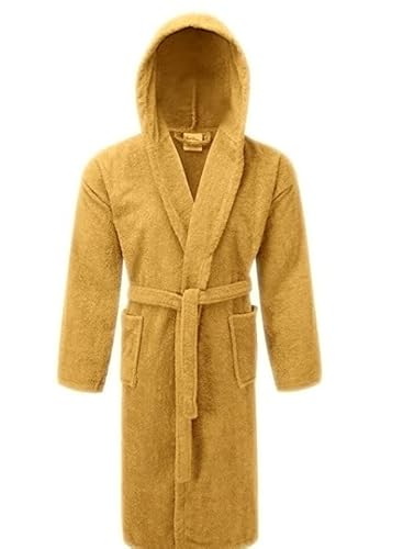 oceanevo® 100% Egyptian Cotton Bath Robes Luxury Unisex Terry Towelling Shawl Collar & Hooded Bathrobes Gowns Soft Housecoat Nightwear with Belt & Pockets (Hooded Mustard)