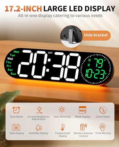 Image of 17.2 Inch Large Digital Wall Clock with 9 Color Changing Remote Control, Date Week Temperature, Auto Brightness Dimmer Big Clock Night Lights,Green