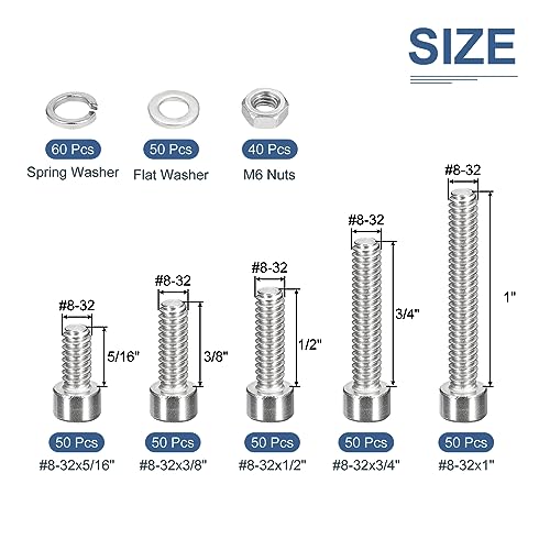 DTGN 250Pcs #8-32 Bolts and Nuts Kit, #8-32 Screw Assortment - Image 2