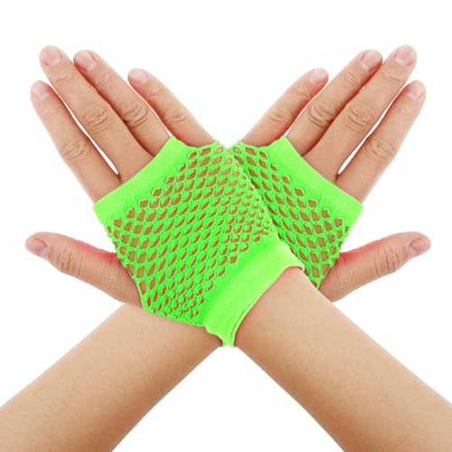 Lusofie Fingerlose Netzhandschuhe Neon Grün für Damen 80er 90er Jahre Fishnet Modische Fischnetz Handschuhe für Halloween Cosplay Zubehör Netzhandschuhe Stulpen Grün Neon Party Accessoires