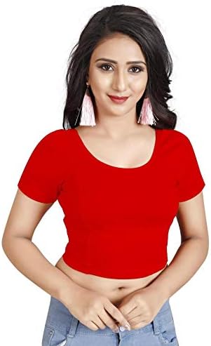 Indian Ethnic Design Stretchable Cotton Lycra Blouses Beige Tops Readymade Saree Blouses Short Sleeve Crop Top