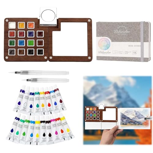 Mini Watercolour Paint Set Travel Watercolour Kit with 15 Grid Wood Pocket Palette Set Includes 18 Colors, Sketchbook, Clip and Pen for Artists,Art Painting Set Gift for Beginners and Journey Painting