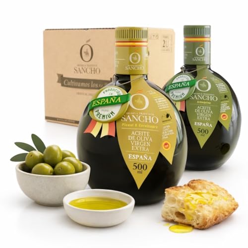 Aceite de oliva virgen extra dúo picual y arbequina pack 2 x 500 ml botella de vidrio | aove gourmet extraído en frío | aceite premium español para regalo | sancho la mancha, dop campo de montiel.