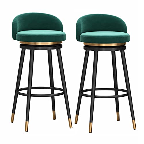 Farmhouse - Juego de 2 taburetes de bar giratorios de terciopelo con respaldo giratorio de 360°, patas de metal dorado, color verde, 65 cm