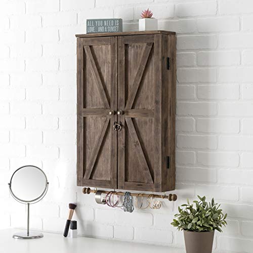 Large Rustic Wall Mounted Jewelry Organizer with Wooden Barndoor Decor. Jewelry holder for Necklaces, Earings, Bracelets, Ring Holder, and Accessories. Includes built-in mirror (Brown). - Image 5