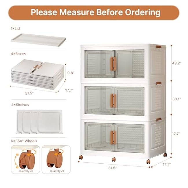 480Qt/120Gal Extra Large Stackable Storage Bins with Lids and Divider, 3Pack Collapsible Drawers with Doors, Foldable Cabinet with Wheels, Plastic Closet Organizers Containers for Home, Dorm
