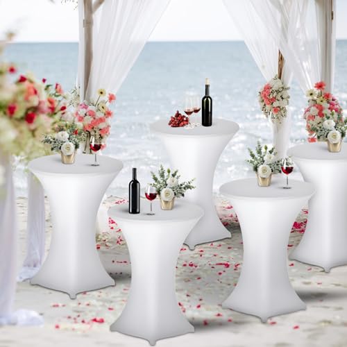 2 er-Set Weiß Stehtisch Stehtischhusse, Ø 80-85 cm Rund Stehtischdecken Elastisch Weiß Stretch Tischdecken mit Fußtaschen, für Bar Runde Tische Hochzeiten Geburtstagsfeiern Bankette-80 x 110 cm